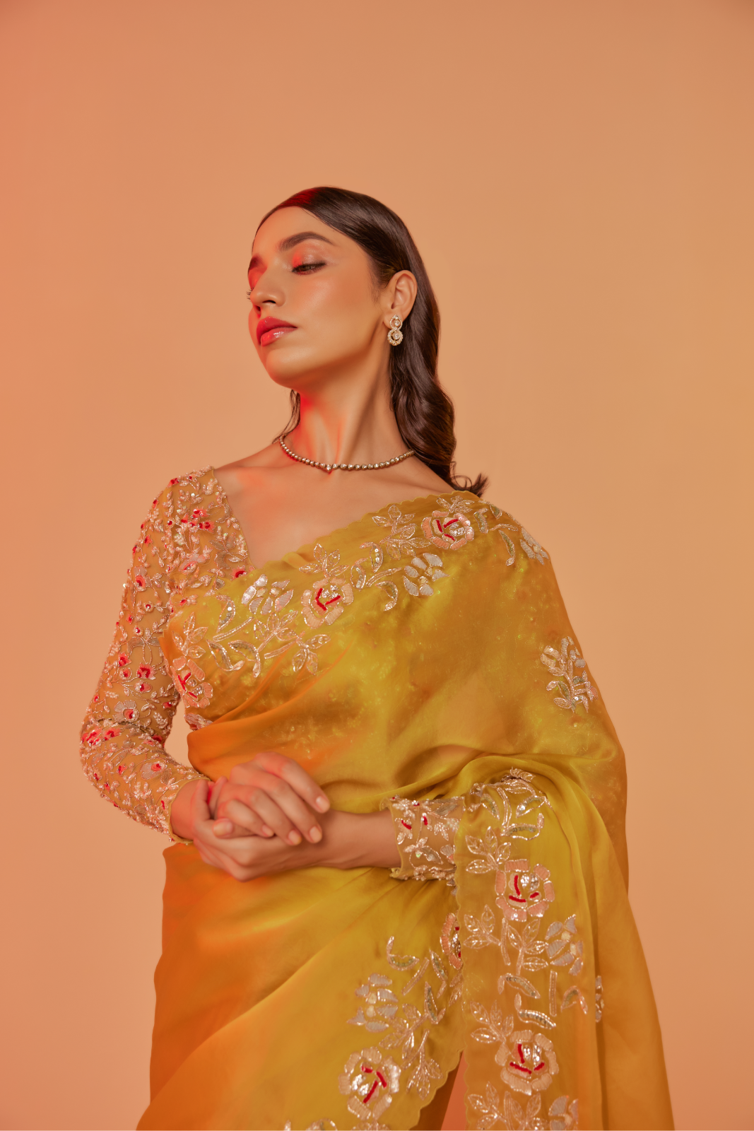 Yellow silk organza embroidered Saree with full sleeve blouse