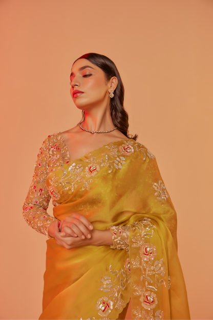 Yellow silk organza embroidered Saree with full sleeve blouse