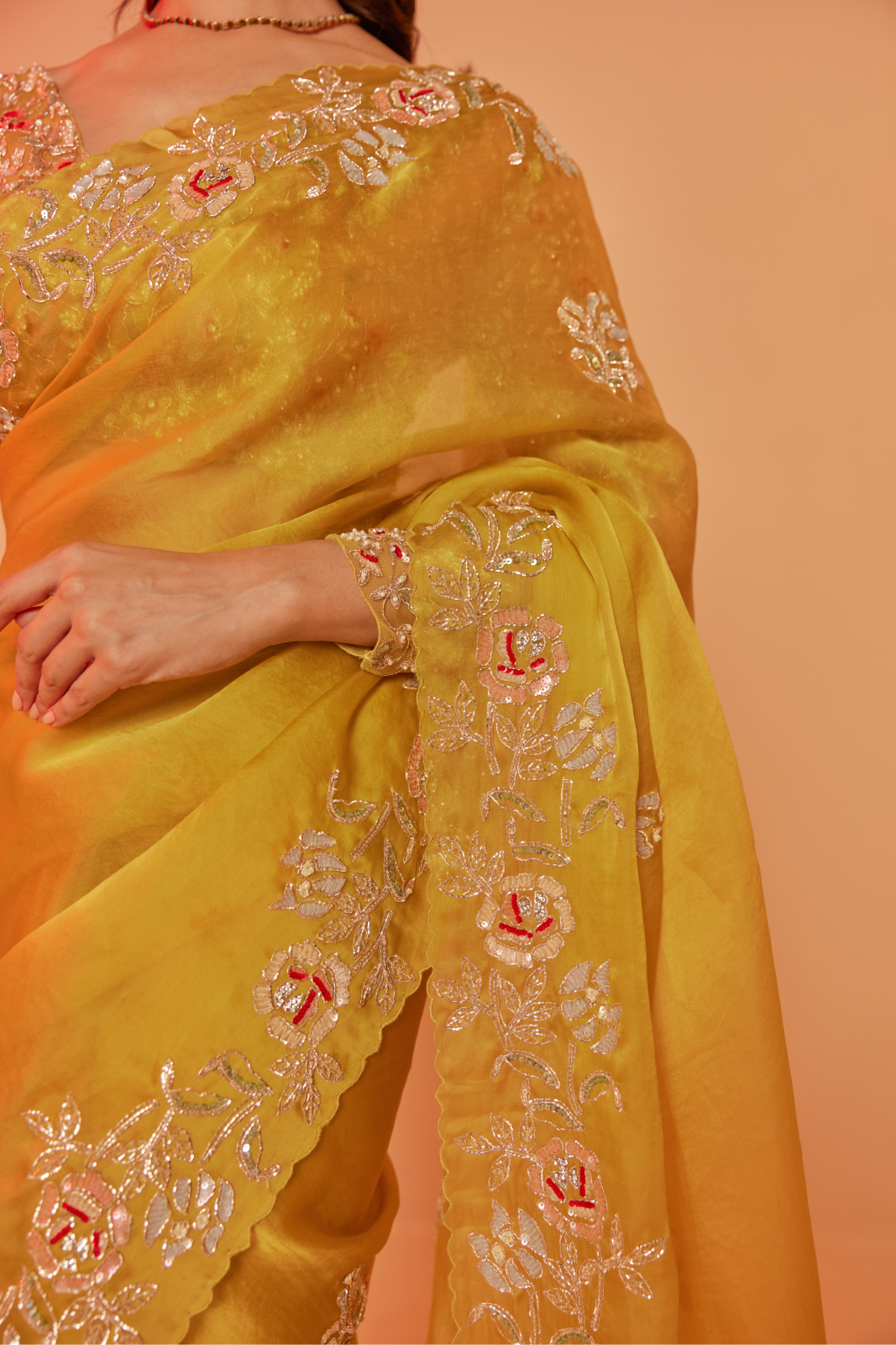 Yellow silk organza embroidered Saree with full sleeve blouse