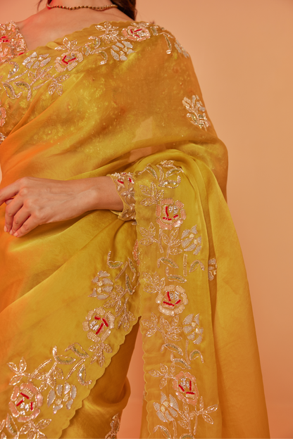 Yellow silk organza embroidered Saree with full sleeve blouse