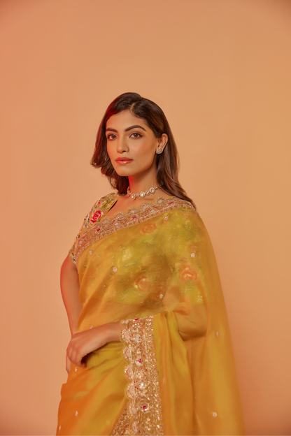 Yellow silk organza embroidered Saree with multi-color elbow sleeve blouse