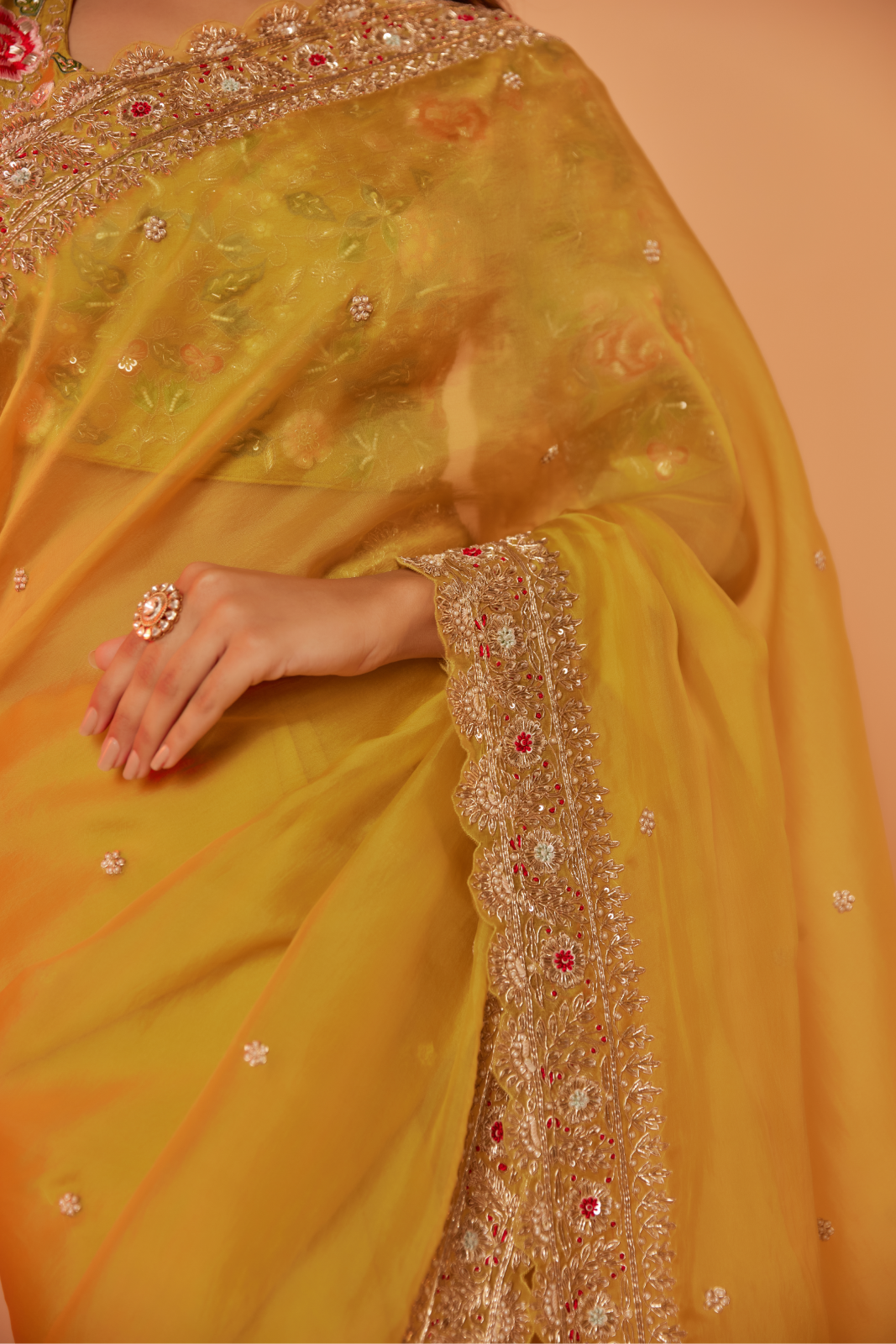 Yellow silk organza embroidered Saree with multi-color elbow sleeve blouse