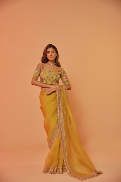 Yellow silk organza embroidered Saree with multi-color elbow sleeve blouse