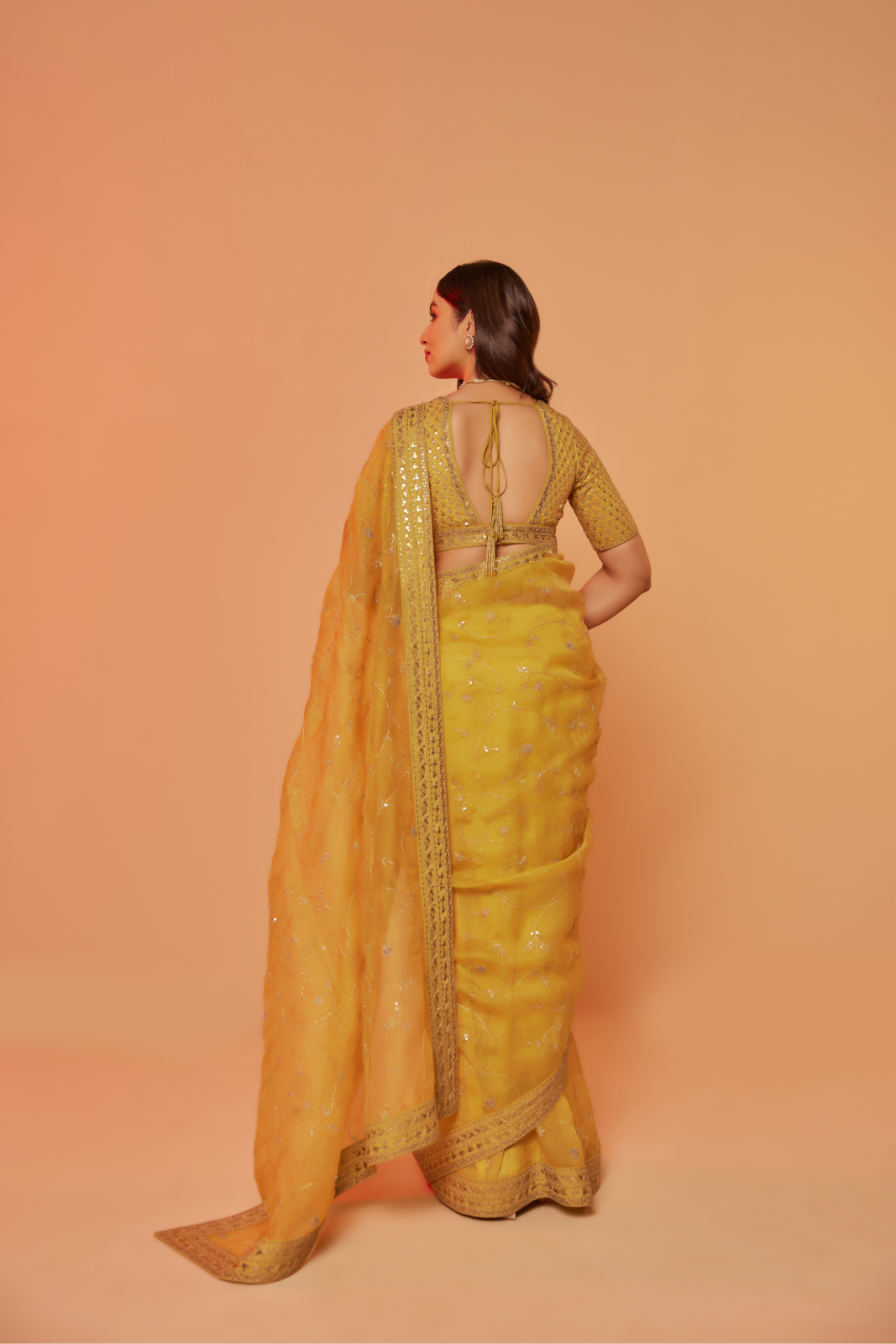 Yellow silk organza embroidered Saree with elbow sleeve blouse