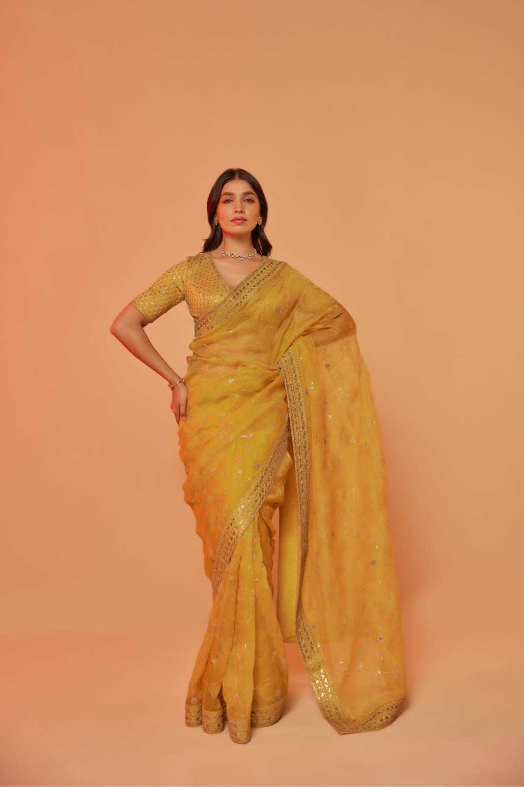 Yellow silk organza embroidered Saree with elbow sleeve blouse