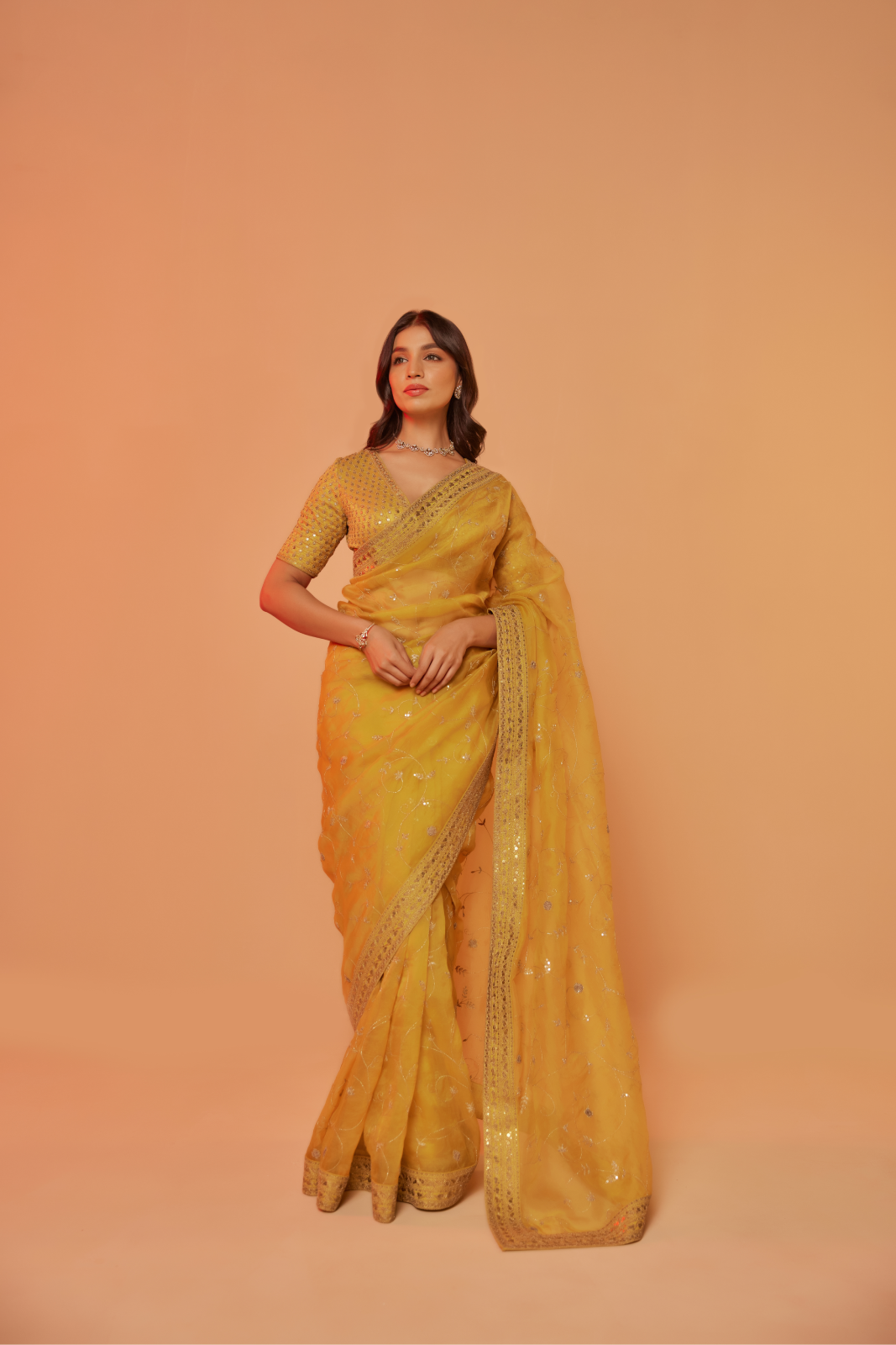 Yellow silk organza embroidered Saree with elbow sleeve blouse