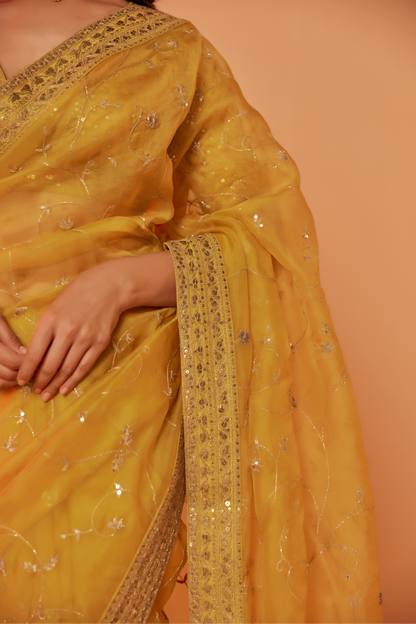 Yellow silk organza embroidered Saree with elbow sleeve blouse