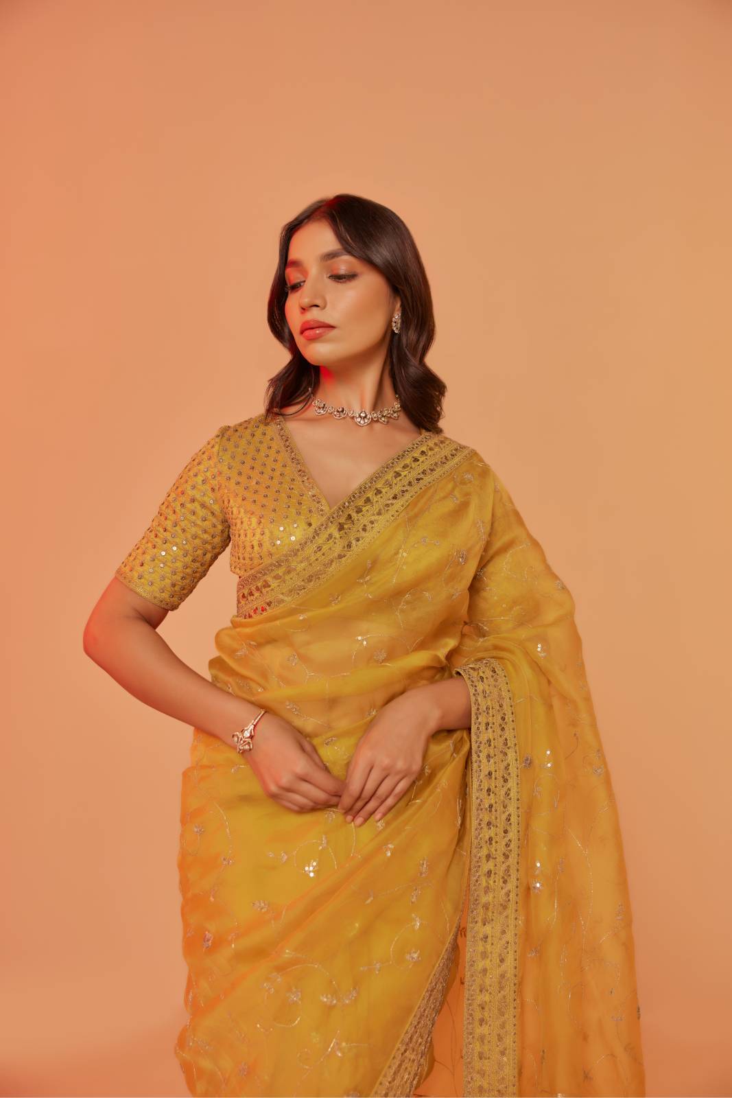 Yellow silk organza embroidered Saree with elbow sleeve blouse