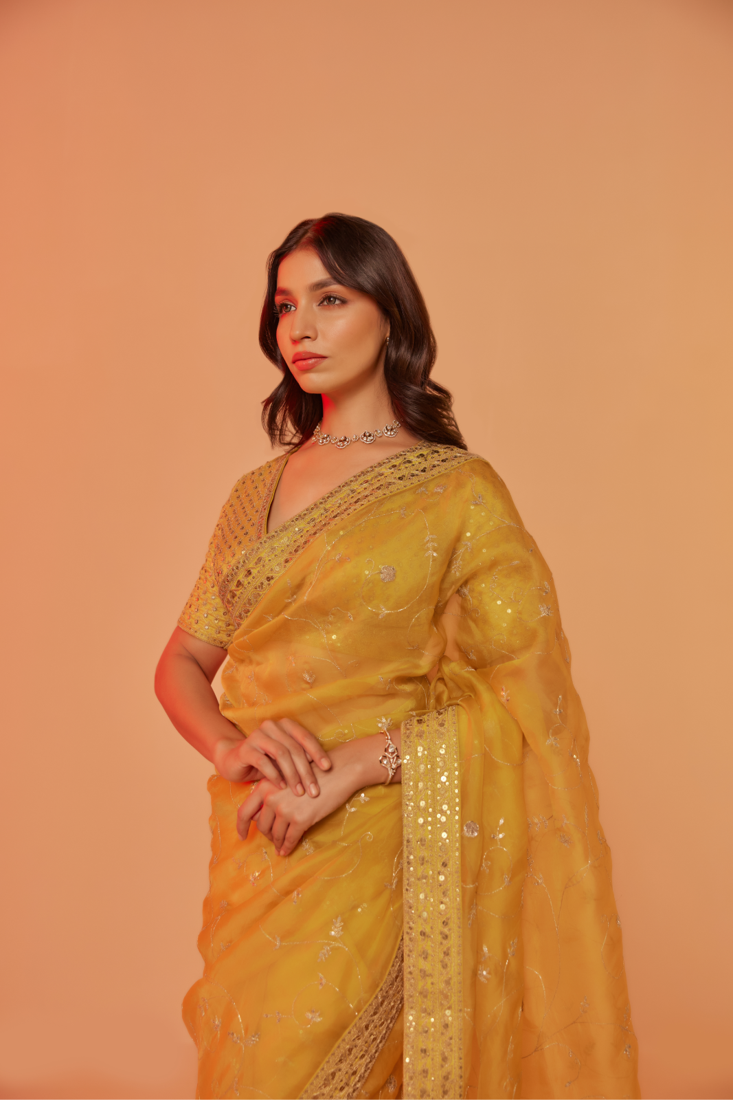 Yellow silk organza embroidered Saree with elbow sleeve blouse