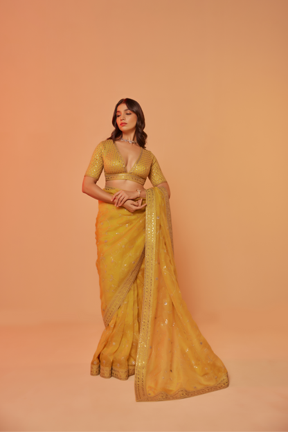 Yellow silk organza embroidered Saree with elbow sleeve blouse