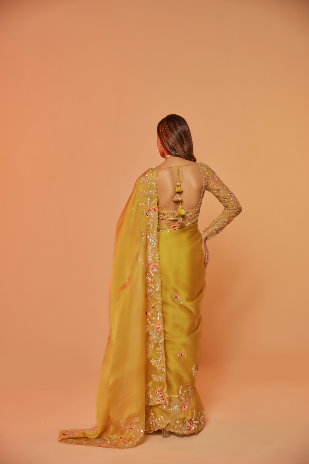 Yellow silk organza embroidered Saree with full sleeve blouse