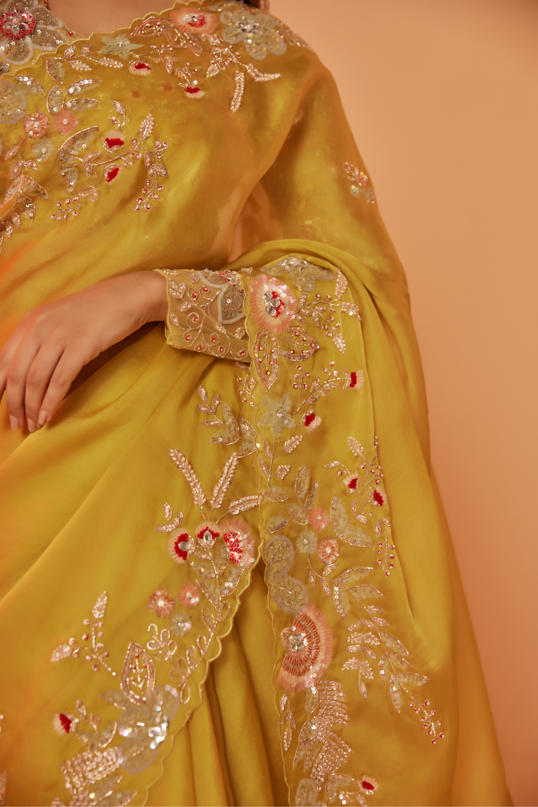 Yellow silk organza embroidered Saree with full sleeve blouse