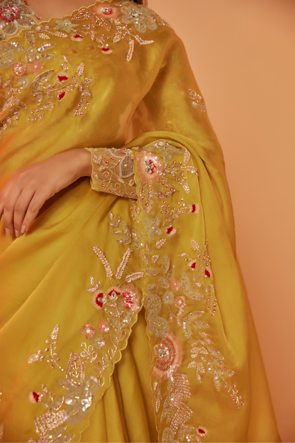 Yellow silk organza embroidered Saree with full sleeve blouse