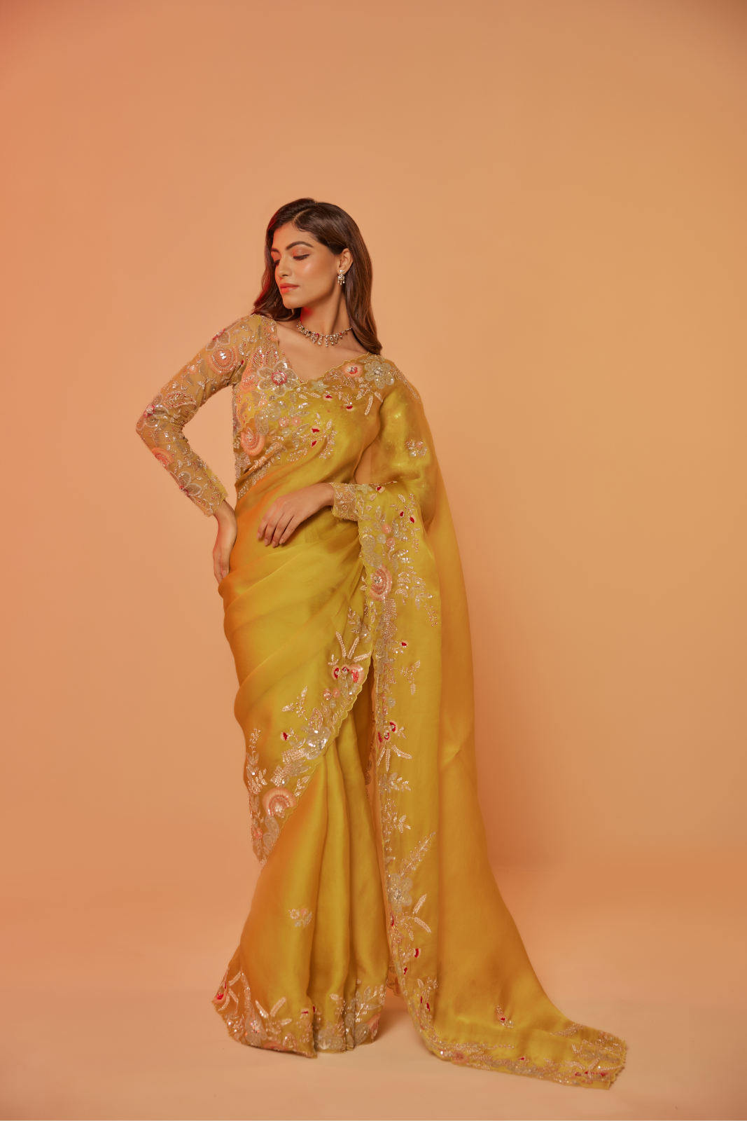 Yellow silk organza embroidered Saree with full sleeve blouse