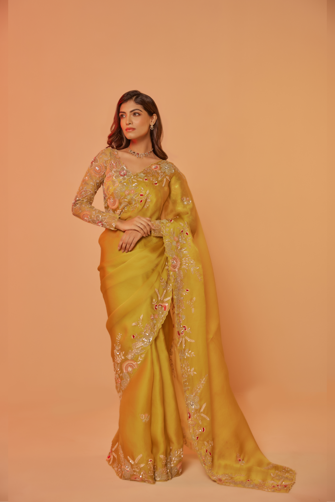 Yellow silk organza embroidered Saree with full sleeve blouse