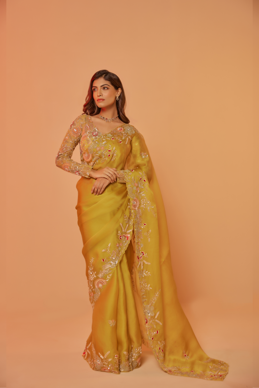 Yellow silk organza embroidered Saree with full sleeve blouse