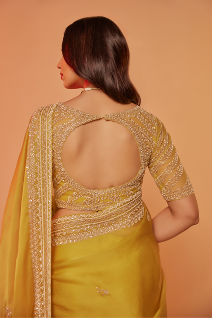 Yellow silk organza embroidered Saree with elbow sleeve blouse