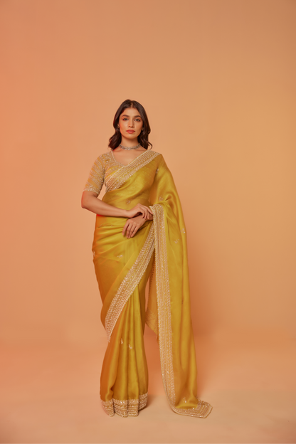 Yellow silk organza embroidered Saree with elbow sleeve blouse