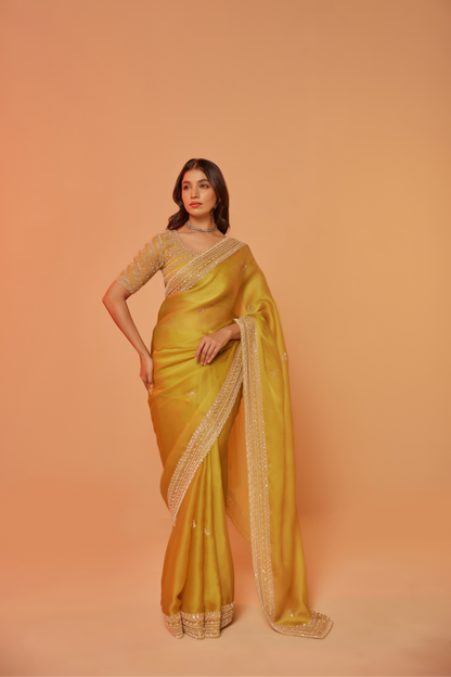 Yellow silk organza embroidered Saree with elbow sleeve blouse