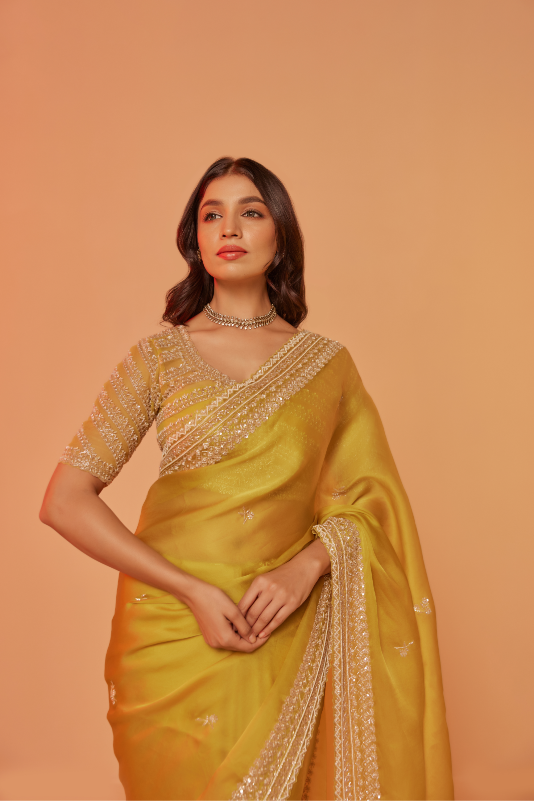 Yellow silk organza embroidered Saree with elbow sleeve blouse