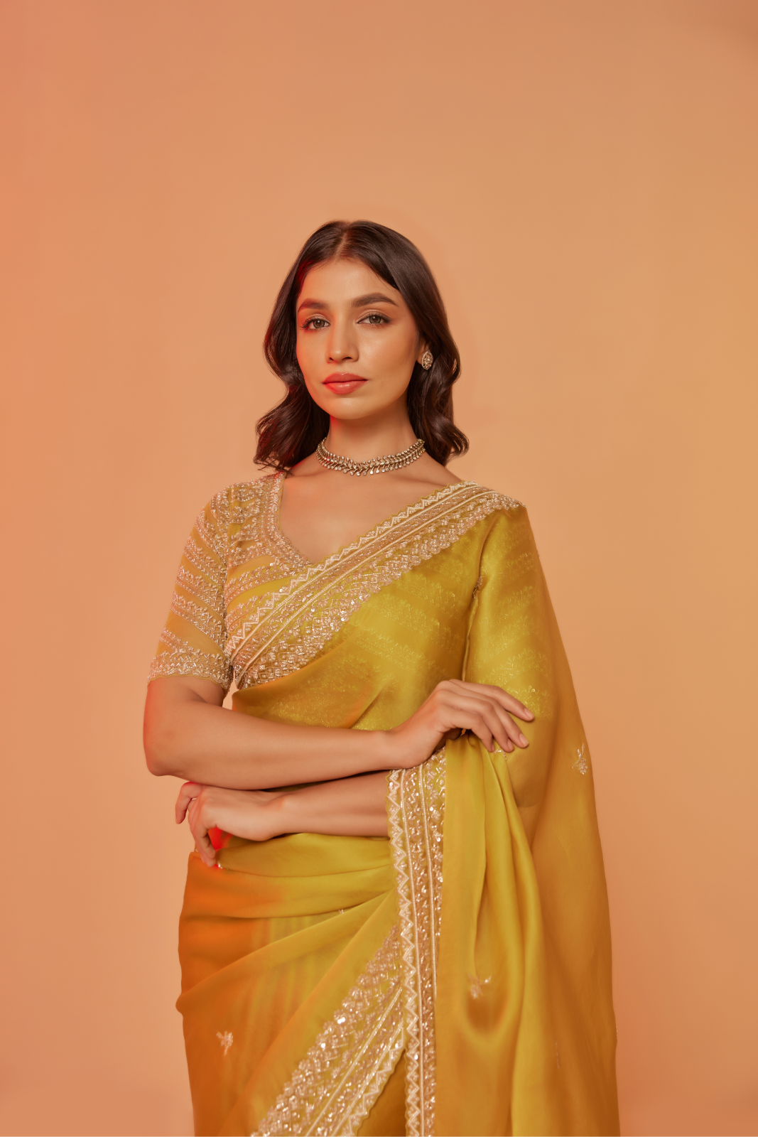 Yellow silk organza embroidered Saree with elbow sleeve blouse