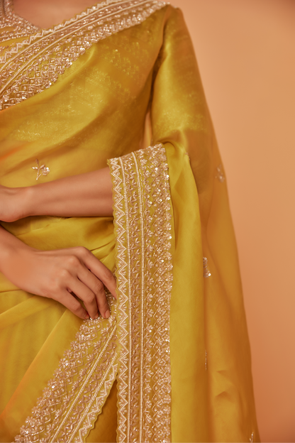 Yellow silk organza embroidered Saree with elbow sleeve blouse