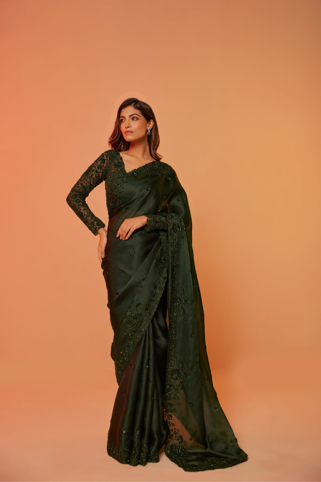 Green silk organza cutdana embroidered Saree with full sleeve blouse