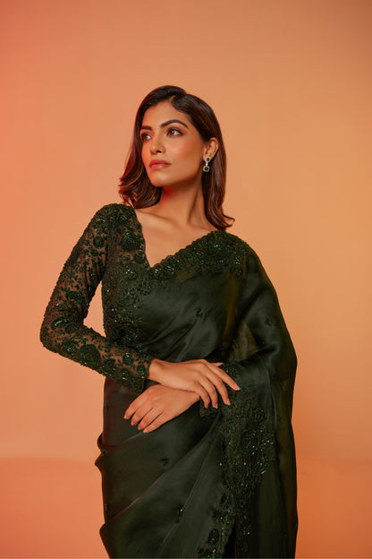 Green silk organza cutdana embroidered Saree with full sleeve blouse