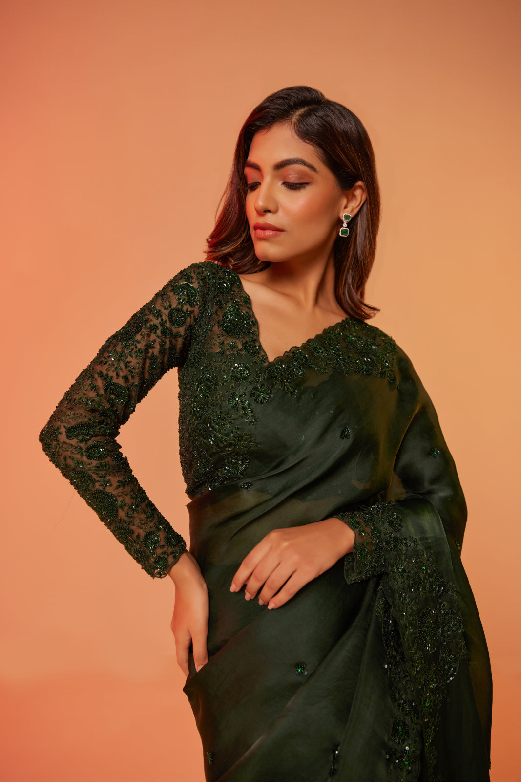 Green silk organza cutdana embroidered Saree with full sleeve blouse