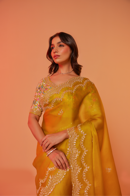 Yellow silk organza embroidered Saree with elbow sleeve multi-color thread blouse