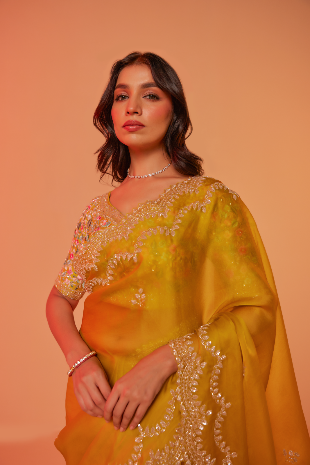 Yellow silk organza embroidered Saree with elbow sleeve multi-color thread blouse