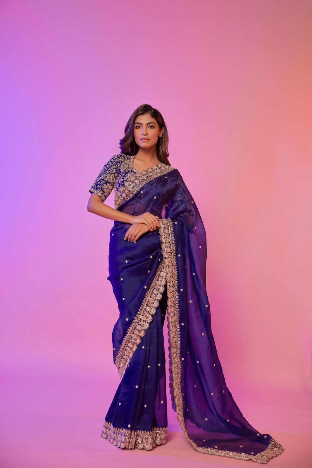 Navy silk organza zardozi embroidered Saree with elbow sleeve blouse