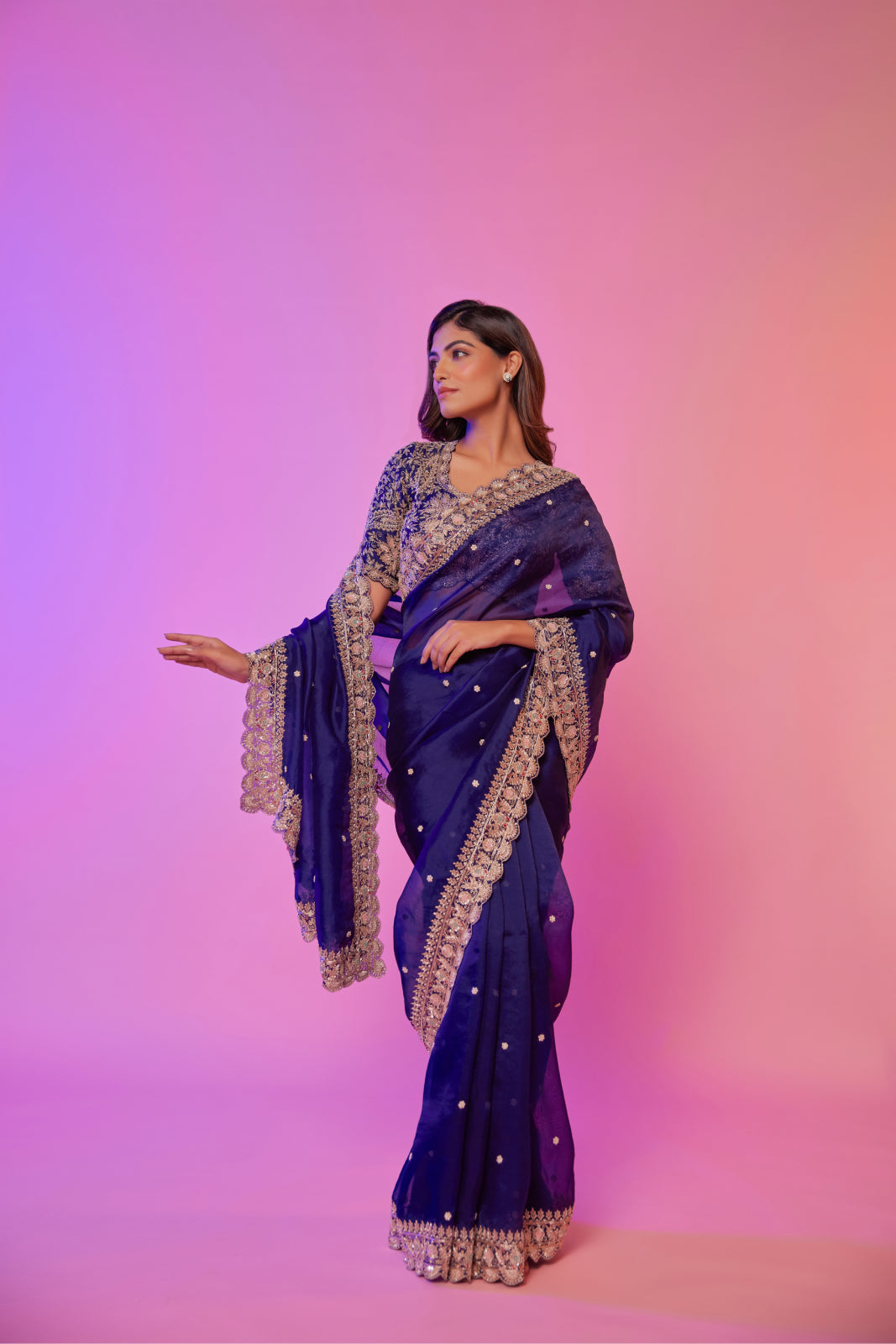 Navy silk organza zardozi embroidered Saree with elbow sleeve blouse