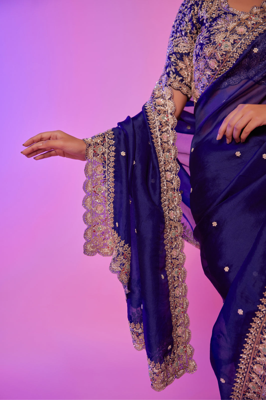 Navy silk organza zardozi embroidered Saree with elbow sleeve blouse