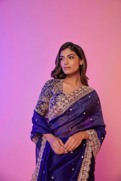 Navy silk organza zardozi embroidered Saree with elbow sleeve blouse