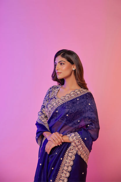 Navy silk organza zardozi embroidered Saree with elbow sleeve blouse