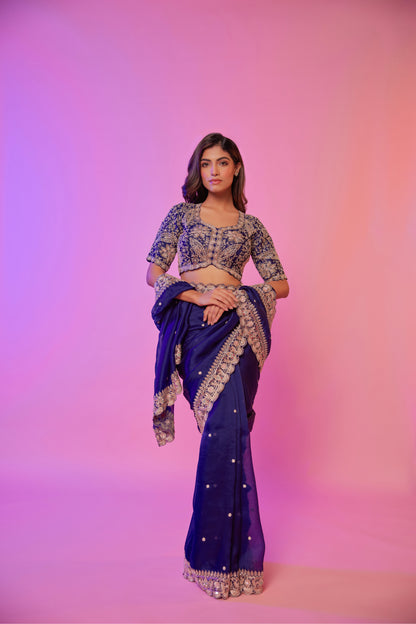 Navy silk organza zardozi embroidered Saree with elbow sleeve blouse