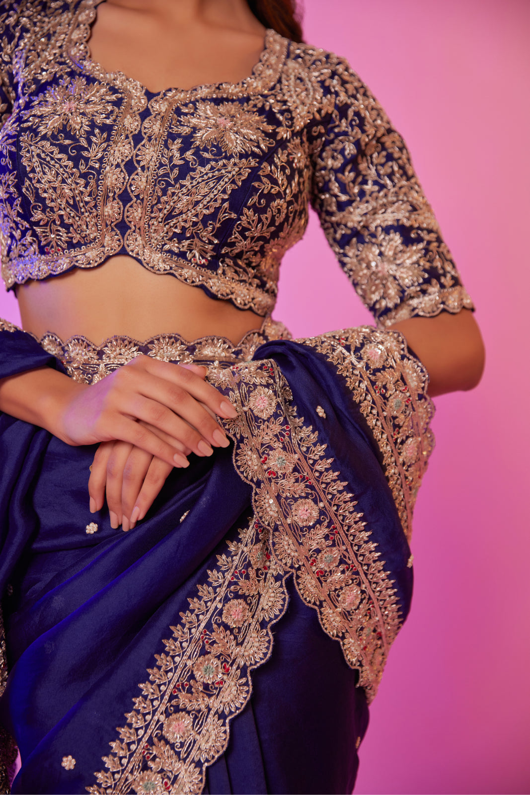 Navy silk organza zardozi embroidered Saree with elbow sleeve blouse