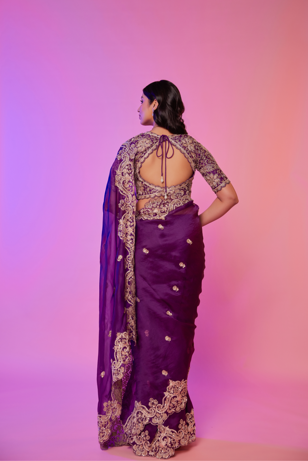 Purple silk organza zardozi embroidered Saree with elbow sleeve blouse