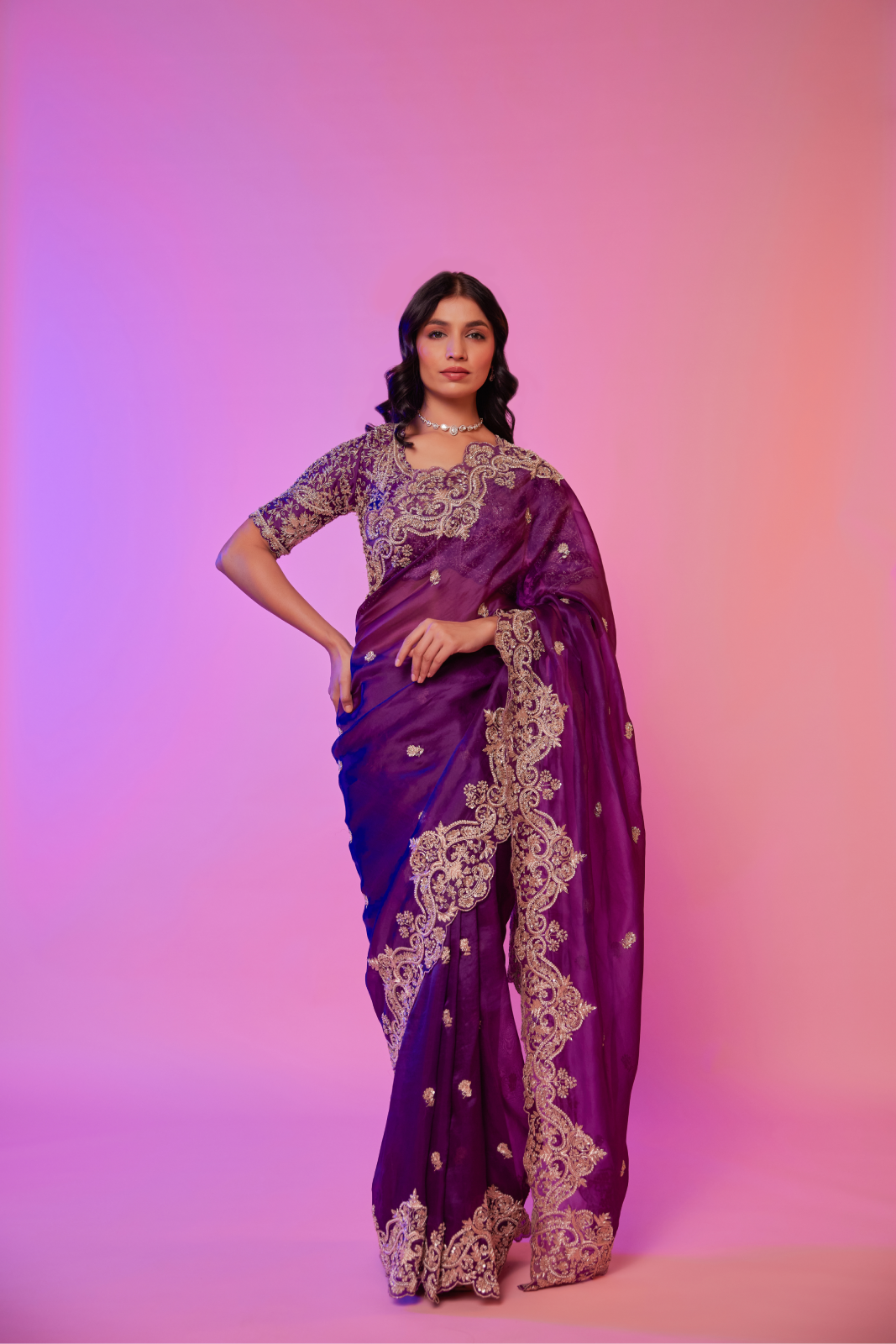 Purple silk organza zardozi embroidered Saree with elbow sleeve blouse