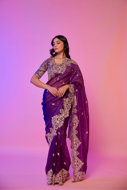 Purple silk organza zardozi embroidered Saree with elbow sleeve blouse