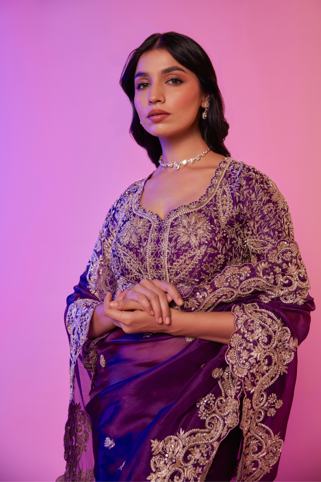 Purple silk organza zardozi embroidered Saree with elbow sleeve blouse