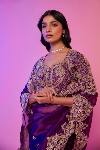 Purple silk organza zardozi embroidered Saree with elbow sleeve blouse