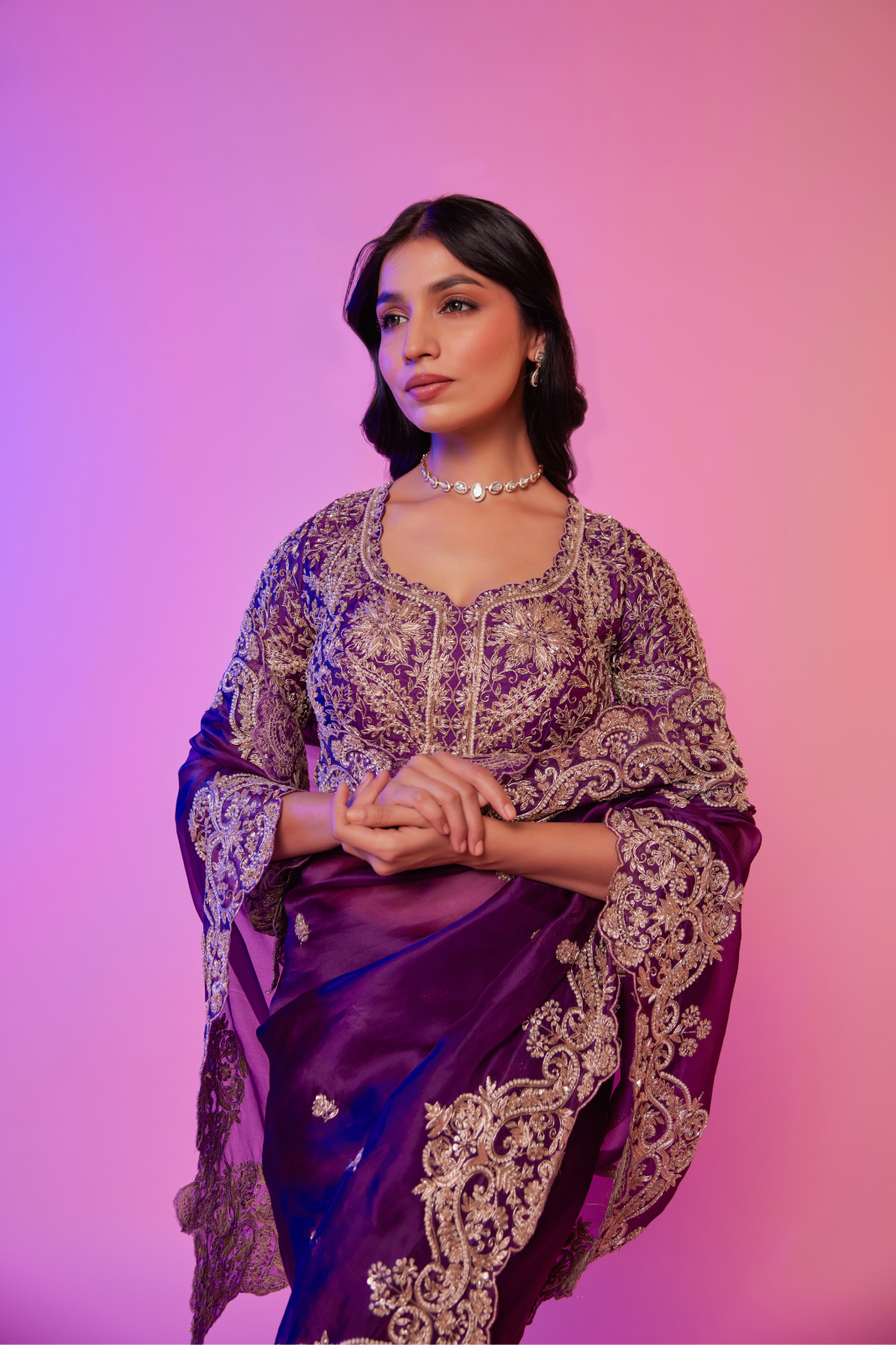 Purple silk organza zardozi embroidered Saree with elbow sleeve blouse