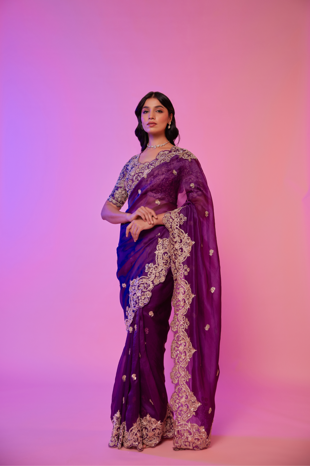 Purple silk organza zardozi embroidered Saree with elbow sleeve blouse