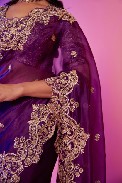 Purple silk organza zardozi embroidered Saree with elbow sleeve blouse