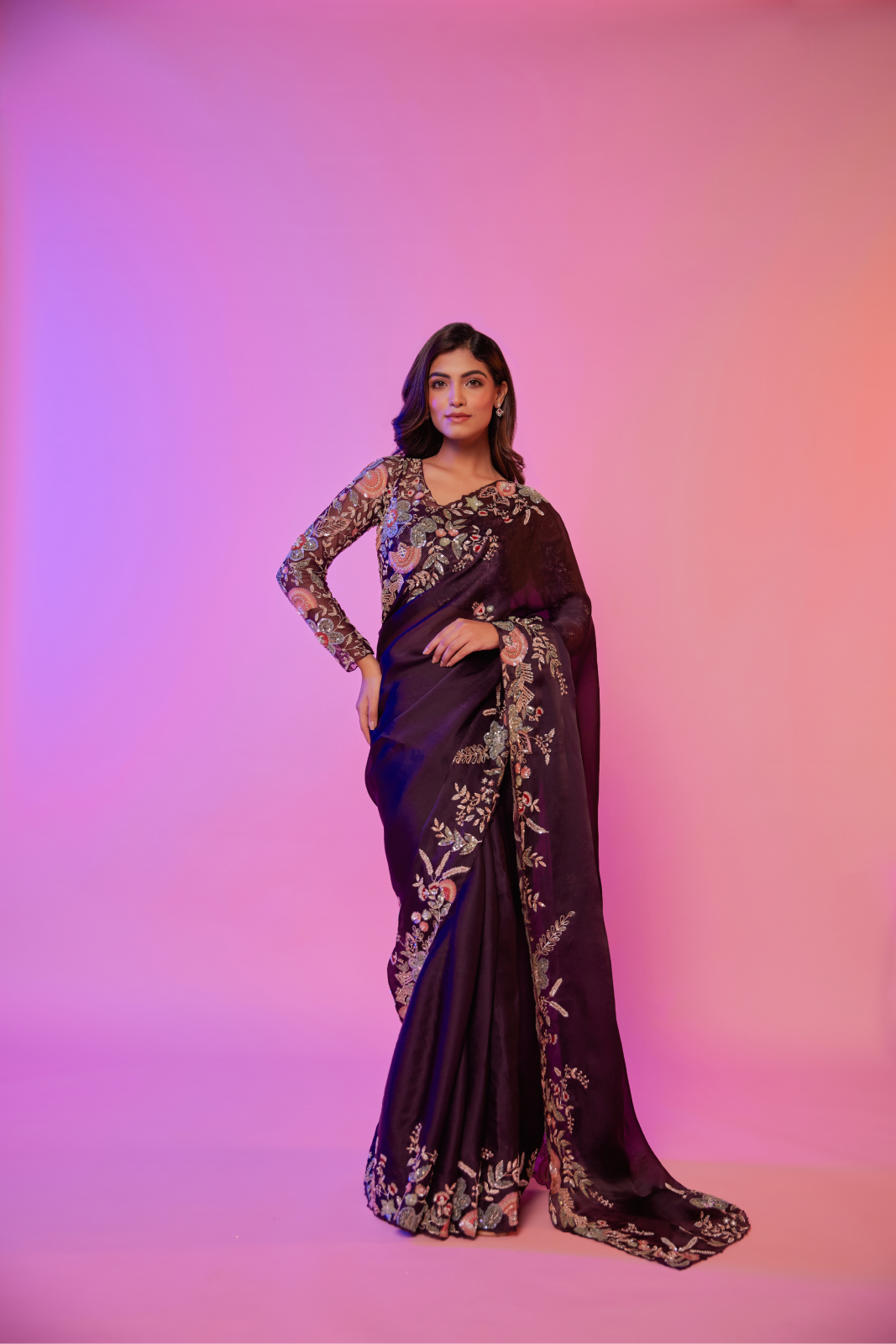 Wine silk organza embroidered Saree with multi-color full sleeve blouse