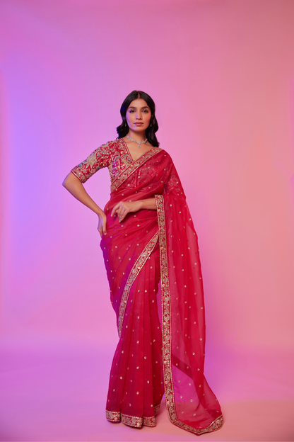 Rani pink organza embroidered Saree with multi-color elbow sleeve blouse