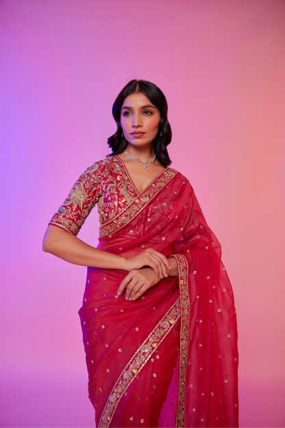 Rani pink organza embroidered Saree with multi-color elbow sleeve blouse