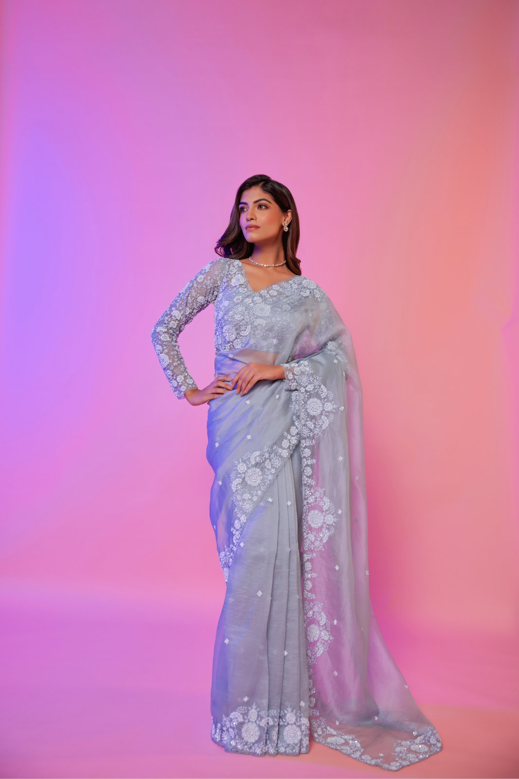 Sky blue silk organza embroidered Saree with full sleeve blouse